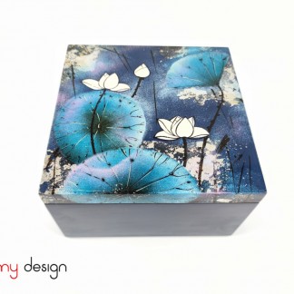 Blue square lacquer box hand painted with lotus pond 20*H12 cm